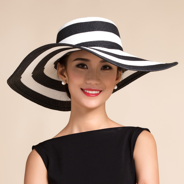 South Korean hat summer ladies outdoor black and white striped beach hat with large brim sun hat straw hat sun hat