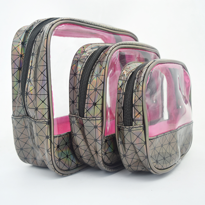 Waterproof fine checkered PVC cosmetic bag, toiletry bag and clutch bag, three-piece set, large-capacity summer storage bag Application Scenario