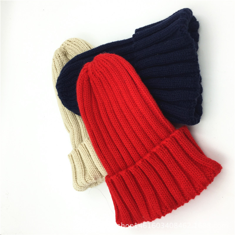 2017 Korean-style women's autumn and winter new rolled-up single-color knitted woolen hat, outdoor warm parent-child hat Specification image