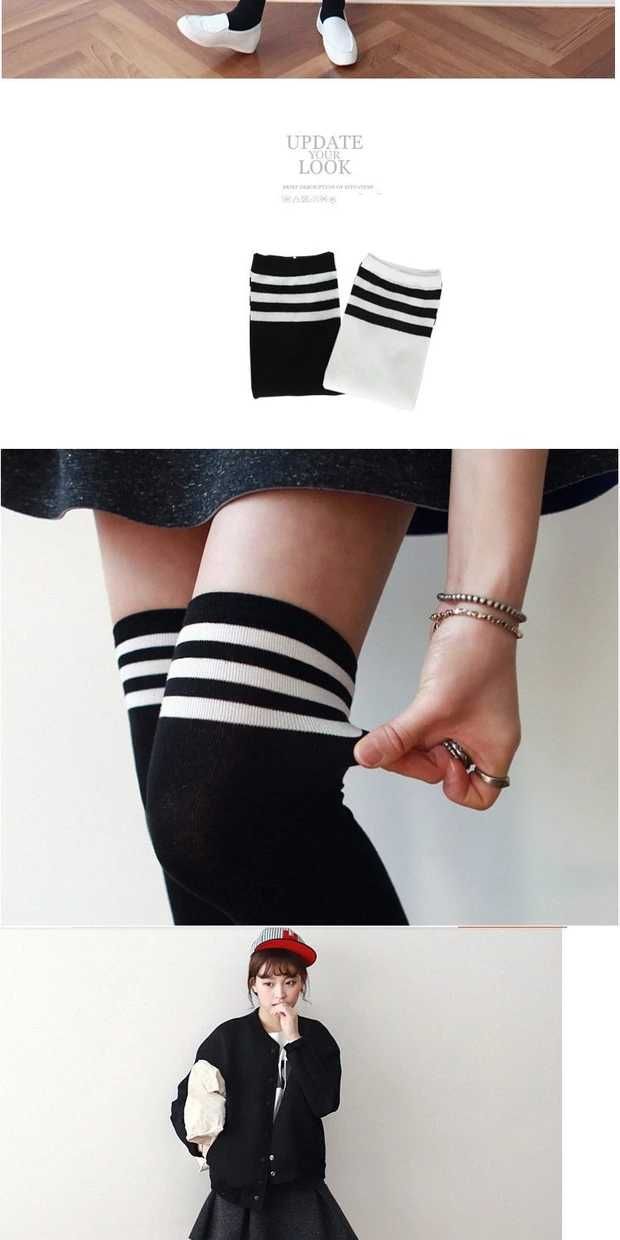 包邮韩国三杠学院足球宝贝运动袜条纹中筒袜过膝长袜纯棉男女士袜产品图