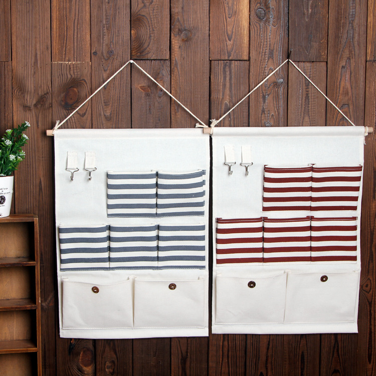 New cotton and linen navy storage bag printed wall hanging multi-pocket storage bag wall bag warm home thumbnail