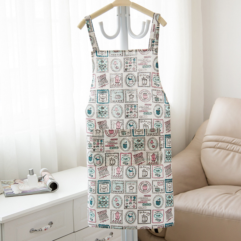 聚暖居日式小清新情侣波点条纹背肩背带式纯棉麻围裙厨房工作装图