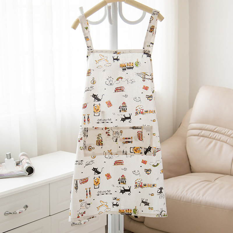 聚暖居日式小清新情侣波点条纹背肩背带式纯棉麻围裙厨房工作装细节图