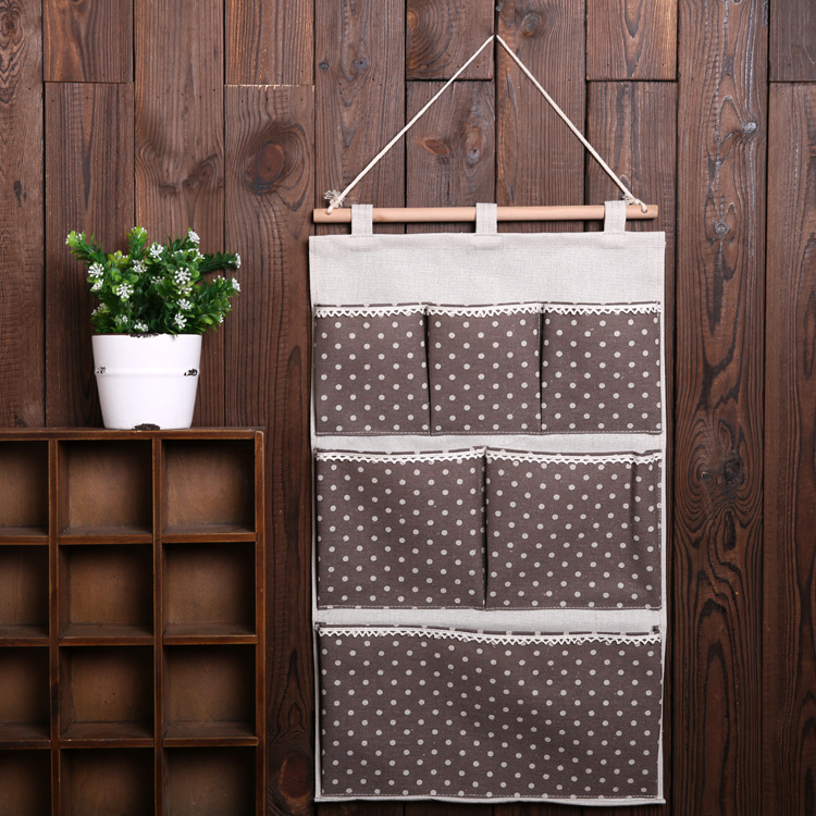 Multi-compartment storage bag Multi-layer fabric wall hanging storage bag hanging behind the wall door polka dot cotton linen storage bag hanging thumbnail