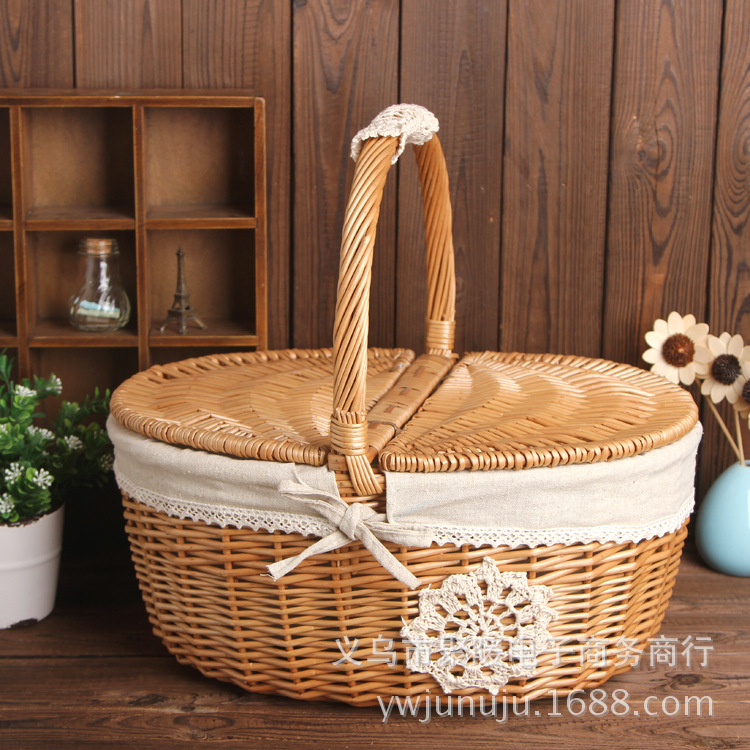 zakka garden plaid cloth hand-held wicker basket wicker basket storage basket Eggs Blue forest wholesale
