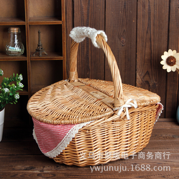 zakka Japanese garden cotton and linen red checkered lace lace portable wicker basket picnic basket storage basket wholesale thumbnail