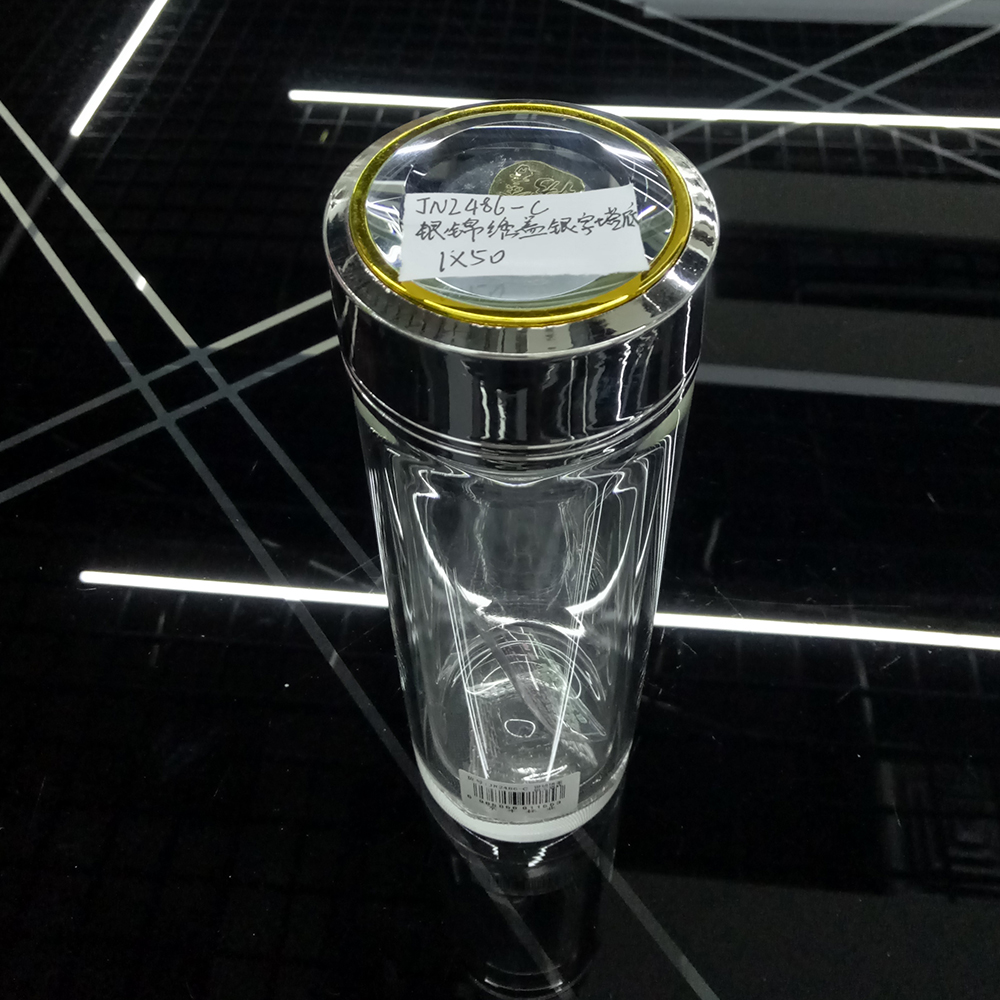 2486-C 银字塔底锦绣盖双层礼品玻璃杯 办公室隔热带滤网茶杯