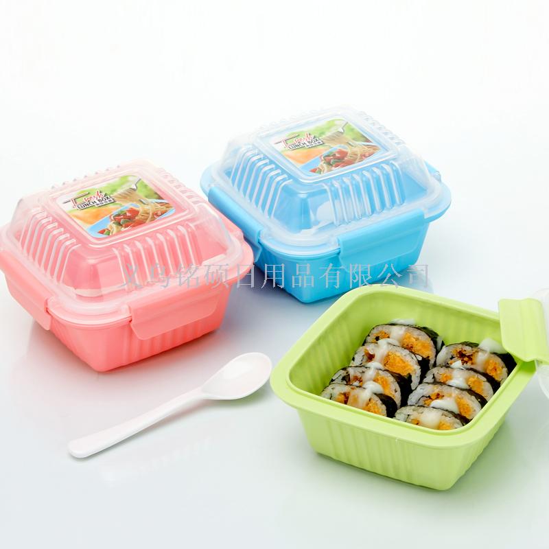 新款PP环保塑料正方形水果盒密封保鲜盒饭盒带勺学生便当盒