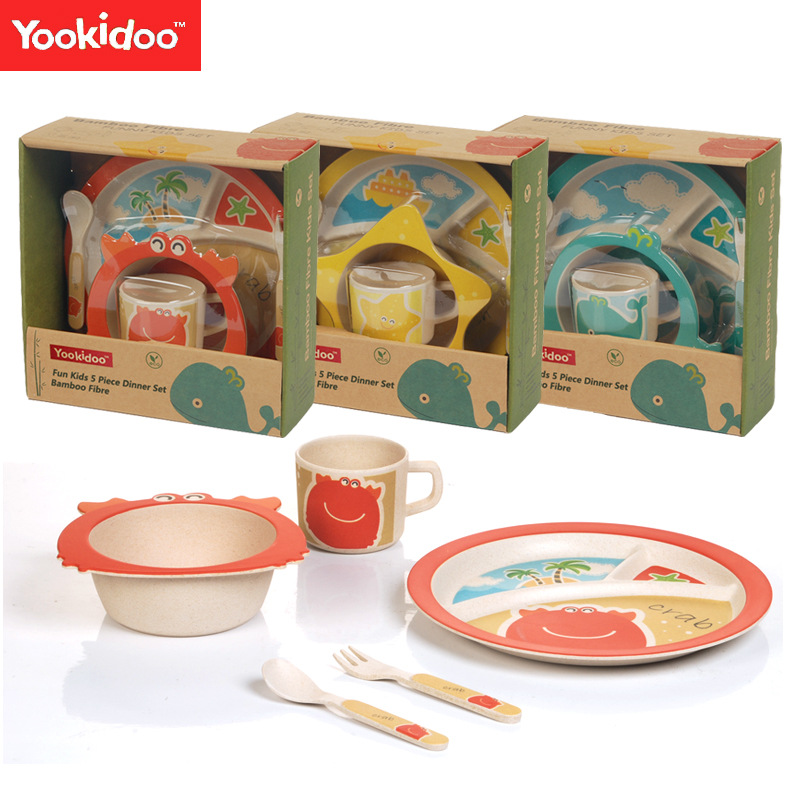 Yookidoo餐具儿童喂养动物竹纤维碗筷勺套装婴幼儿餐具厂家直销