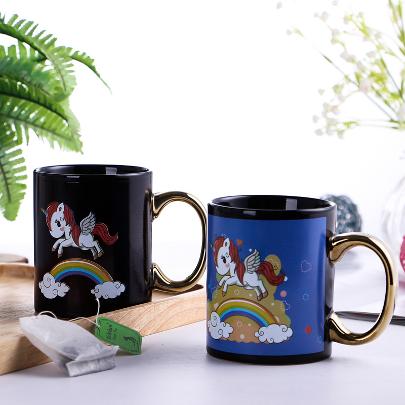 Ceramic cups, mugs, creative gifts, unicorn thermochromic cups, gold handles