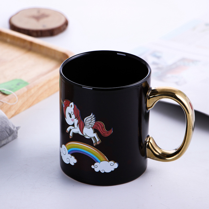 Ceramic cups, mugs, creative gifts, unicorn thermochromic cups, gold handles details Picture