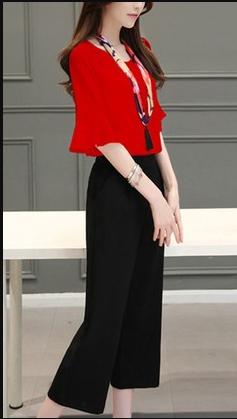 A two-piece Korean-style wide-leg capri pants with flared sleeves Specification image