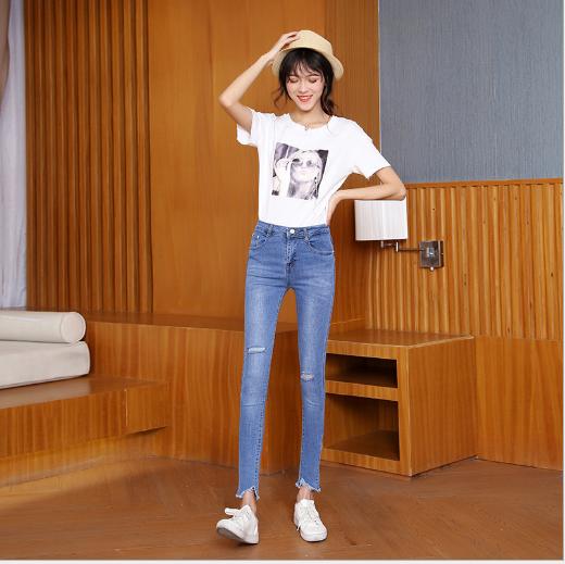 Factory direct sales of women's 2018 Spring/Summer new small-leg denim women's pants with high waist and stretch details Picture