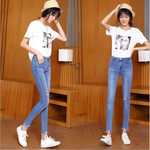 Factory direct sales of women's 2018 Spring/Summer new small-leg denim women's pants with high waist and stretch