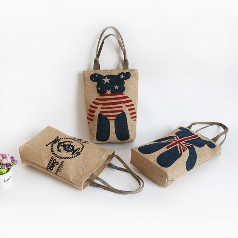 Jute hand waterproof shopping bag Handmade fabric cartoon bear shopping bag