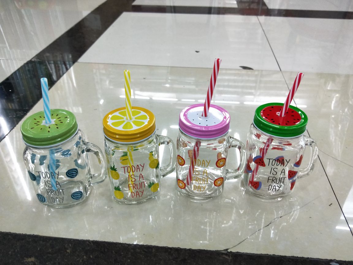公鸡玻璃杯吸管玻璃杯 水果梅森杯 烤花把子杯冷饮料杯产品图