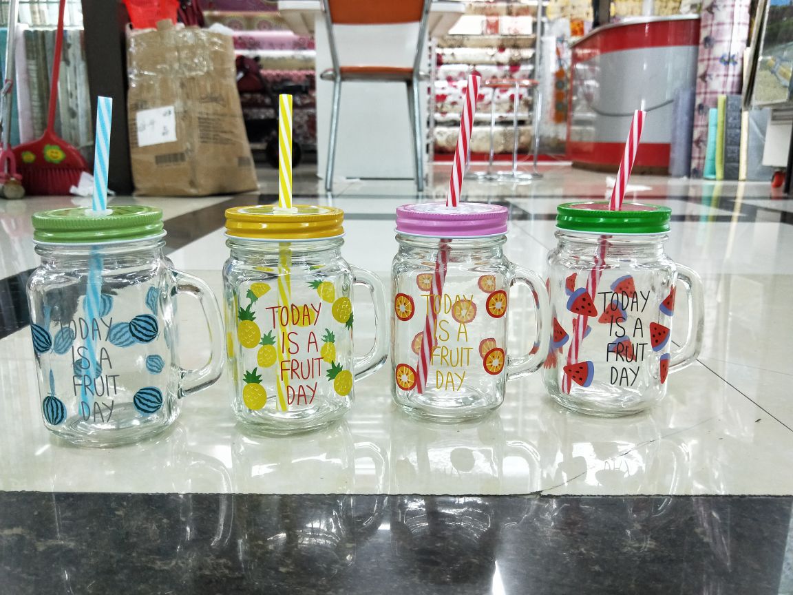 公鸡玻璃杯吸管玻璃杯 水果梅森杯 烤花把子杯冷饮料杯图