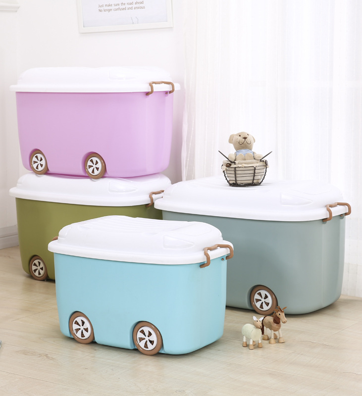 新疆专用卡通汽车滑轮收纳箱储物带盖儿童衣服玩具整理箱塑料箱批产品图