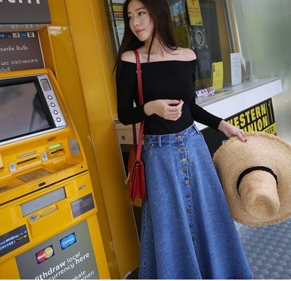 Women's clothing single-breasted high-waisted denim long skirts, half skirts, large swing skirts, umbrella skirts details Picture