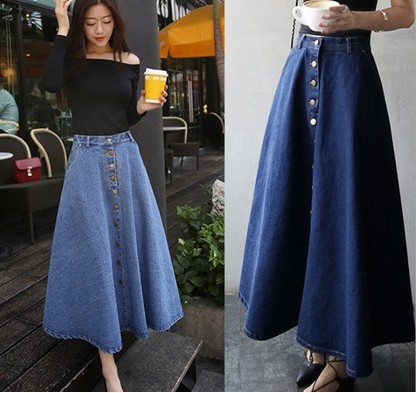 Women's clothing single-breasted high-waisted denim long skirts, half skirts, large swing skirts, umbrella skirts