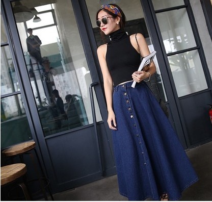 Women's clothing single-breasted high-waisted denim long skirts, half skirts, large swing skirts, umbrella skirts Specification image