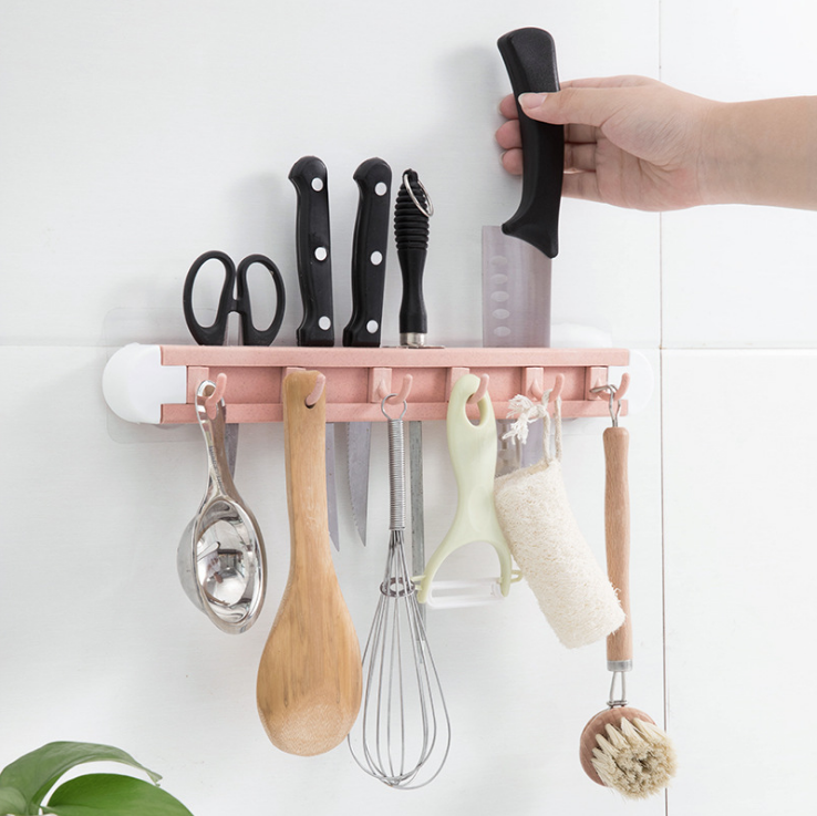 Multi-purpose kitchen wheat straw six-link hook, non-drilling and adhesive kitchen knife storage rack, wall-mounted knife rack Specification image
