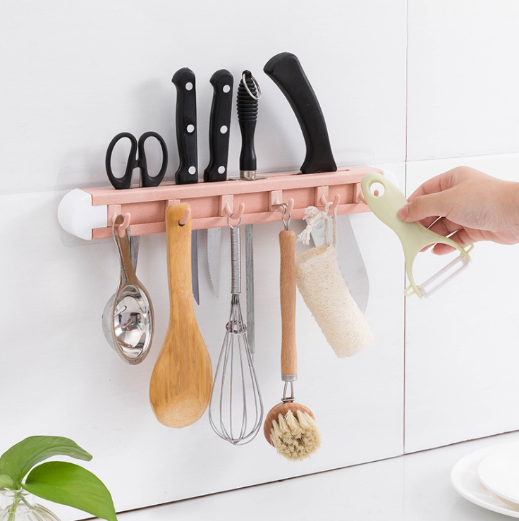 Multi-purpose kitchen wheat straw six-link hook, non-drilling and adhesive kitchen knife storage rack, wall-mounted knife rack