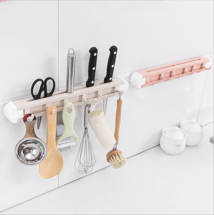 Multi-purpose kitchen wheat straw six-link hook, non-drilling and adhesive kitchen knife storage rack, wall-mounted knife rack details Picture