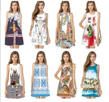Digital print dress women's independent station ebay hot selling loose sleeveless dress