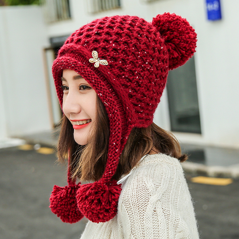 Ladies winter hat new fashion butterfly label with velvet knit hat ladies ear protection hat winter wool hat
