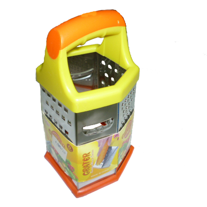 Factory direct sales of a new 8-inch thick stainless iron anti-slip dual-color handle six-sided grater with multi-functional radish and potato shreds Specification image
