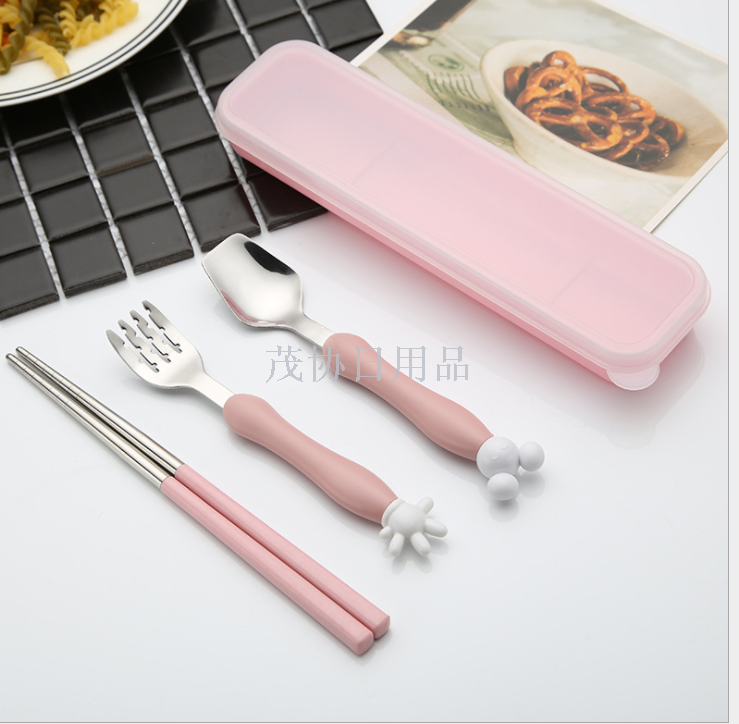Stainless steel children's cartoon tableware set, cute fork, spoon and chopstick box, student portable set details Picture