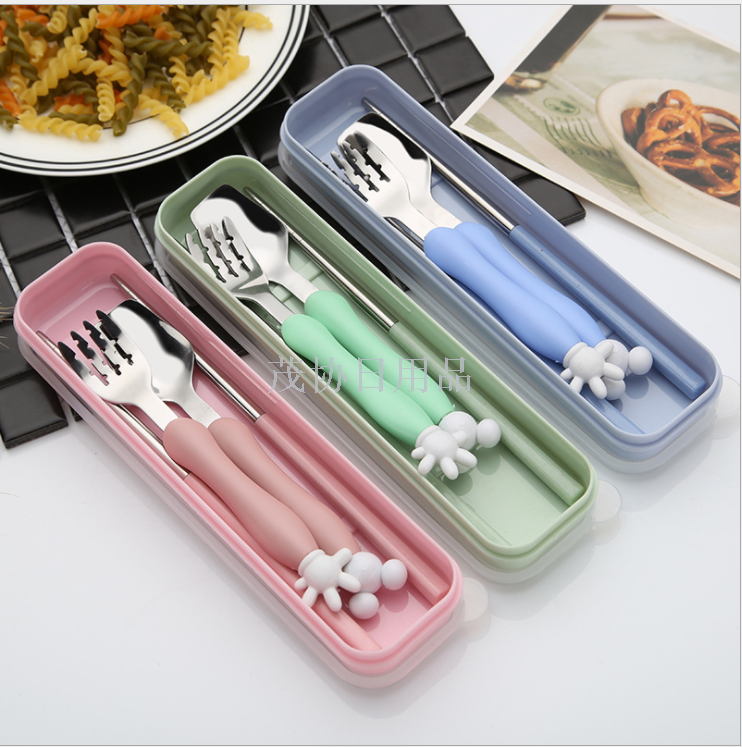 Stainless steel children's cartoon tableware set, cute fork, spoon and chopstick box, student portable set