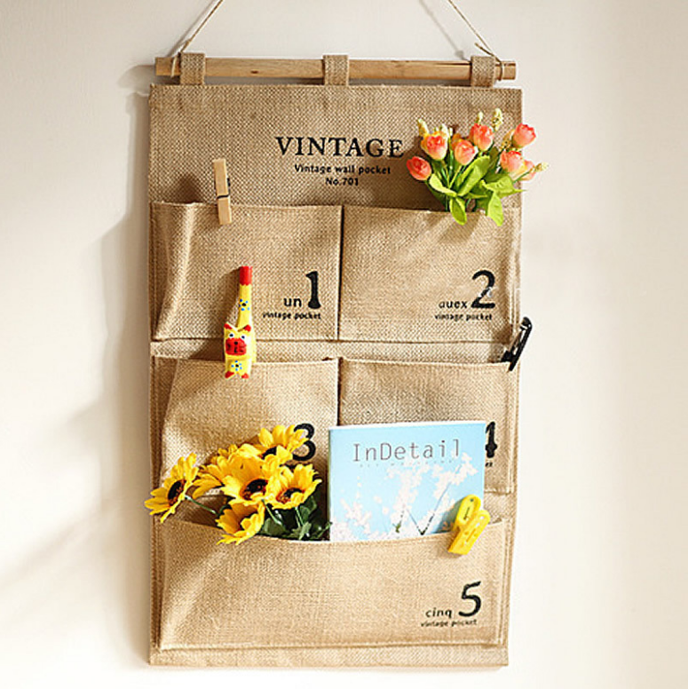 zakka jute jewelry storage bag hanging bag Home wall hanging three pocket five pocket storage bag