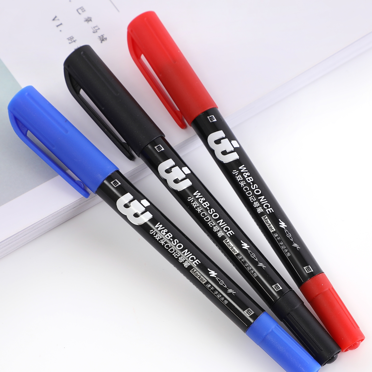 Wanbang Oil-based small double-headed CD Black, Red and Blue Large Size Chinese Marker King 9208 card-absorbing type Outlining Pen details Picture