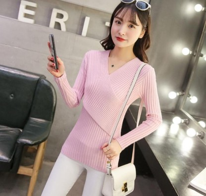 Slouchy cross top chest sweater with deep V-neck sexy tight sweater