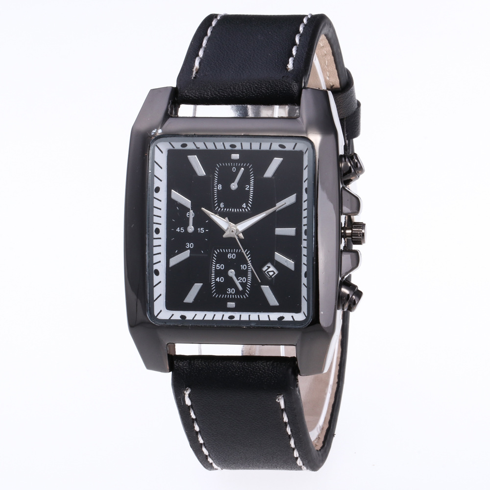 时尚潮流石英表 真皮带简约商务男士手表 防水多功能日历学生腕表细节图