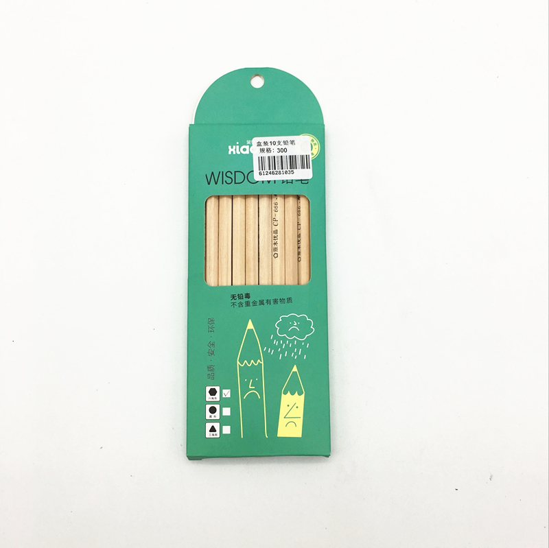 This eco-friendly box contains ten pencils, hexagonal wooden pencils and student writing pencils