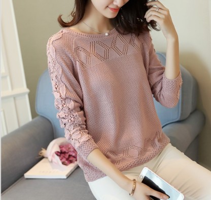 New Korean women's lace pullover sweater with hollow sleeves