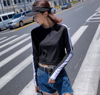 Cotton short black long sleeve T-shirt women loose Korean bf Harajuku style