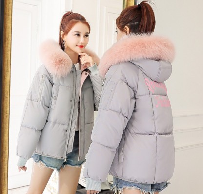 Hooded cotton-padded women Europe and America A character cloak raccoon fur collar casual cotton-padded short coat