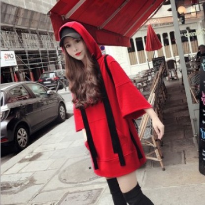 Rabbit pocket red hooded chic hoodie casual 7 points sleeve slit medium long women Specification drawing