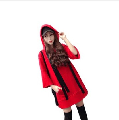 Rabbit pocket red hooded chic hoodie casual 7 points sleeve slit medium long women Application Scenario