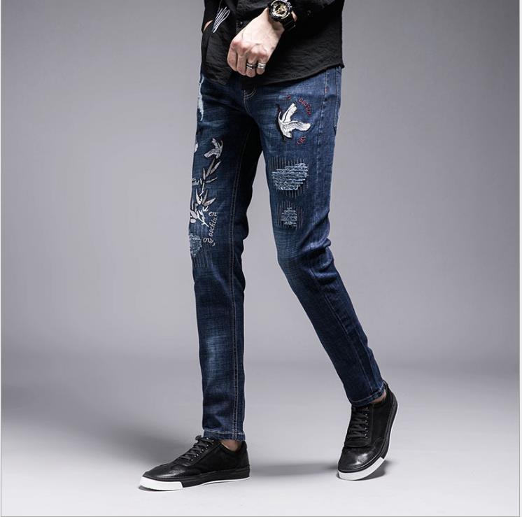 European and American ripped men's embroidered jeans, trendy men's personalized embroidered long pants, men's elastic skinny pants, men's clothing