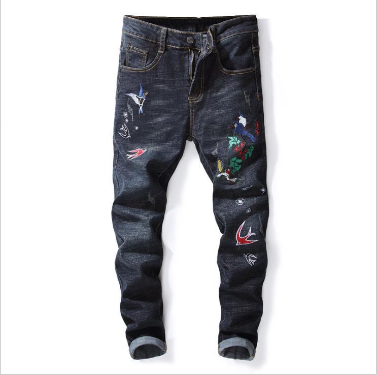 Europe and America embroidered men's jeans fashion personality small straight stretch men's pants embroidered punk motorcycle pants