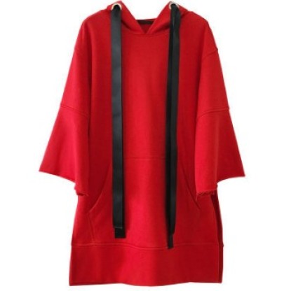 Rabbit pocket red hooded chic hoodie casual 7 points sleeve slit medium long women details Picture