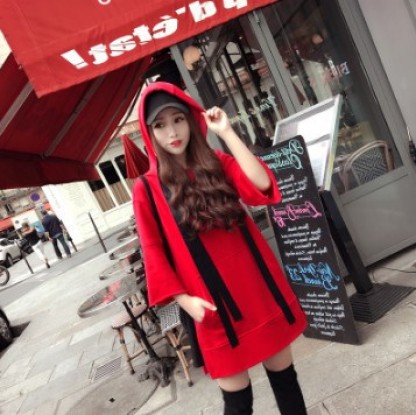 Rabbit pocket red hooded chic hoodie casual 7 points sleeve slit medium long women full figure