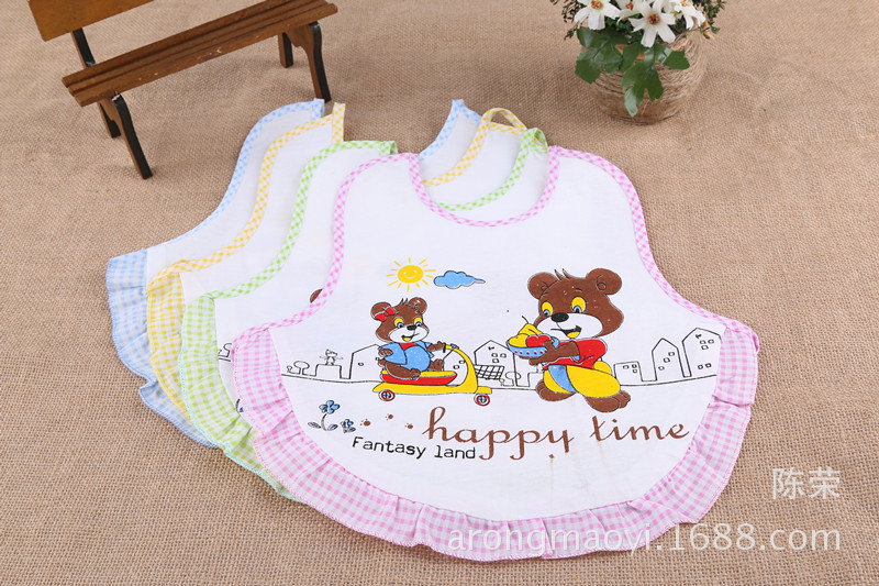 Baby cotton lace lace-up printed cartoon drool towel Baby bib bib Two bears thumbnail