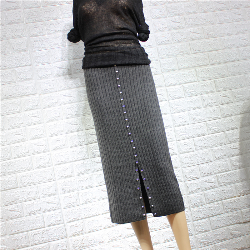 中长款钉珠修身针织半身裙包臀裙女冬季高腰开叉毛线一步裙细节图