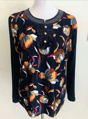 Middle-aged and elderly women's top, base layer, mother's dress, long-sleeved, beauty stripe printed thin T-shirt details Picture